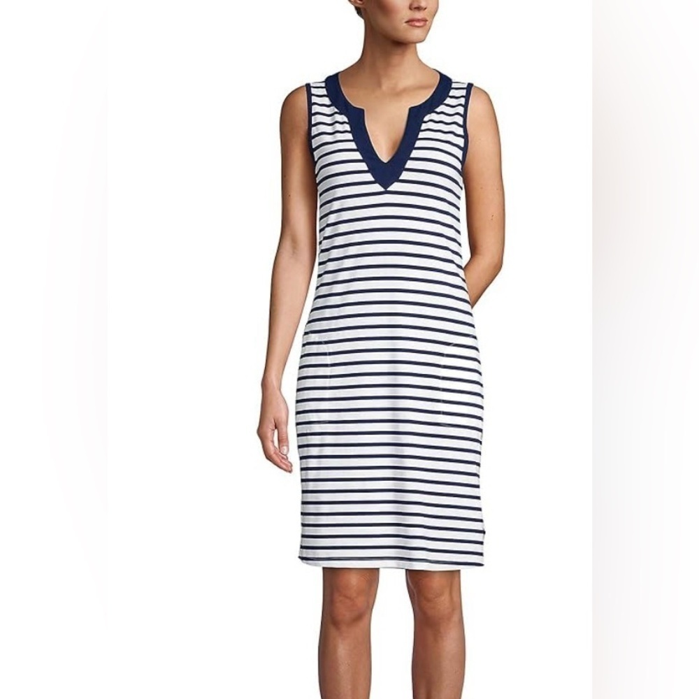 Lands’ End Cotton Jersey Nautical print striped tunic sleeveless coverup dress L